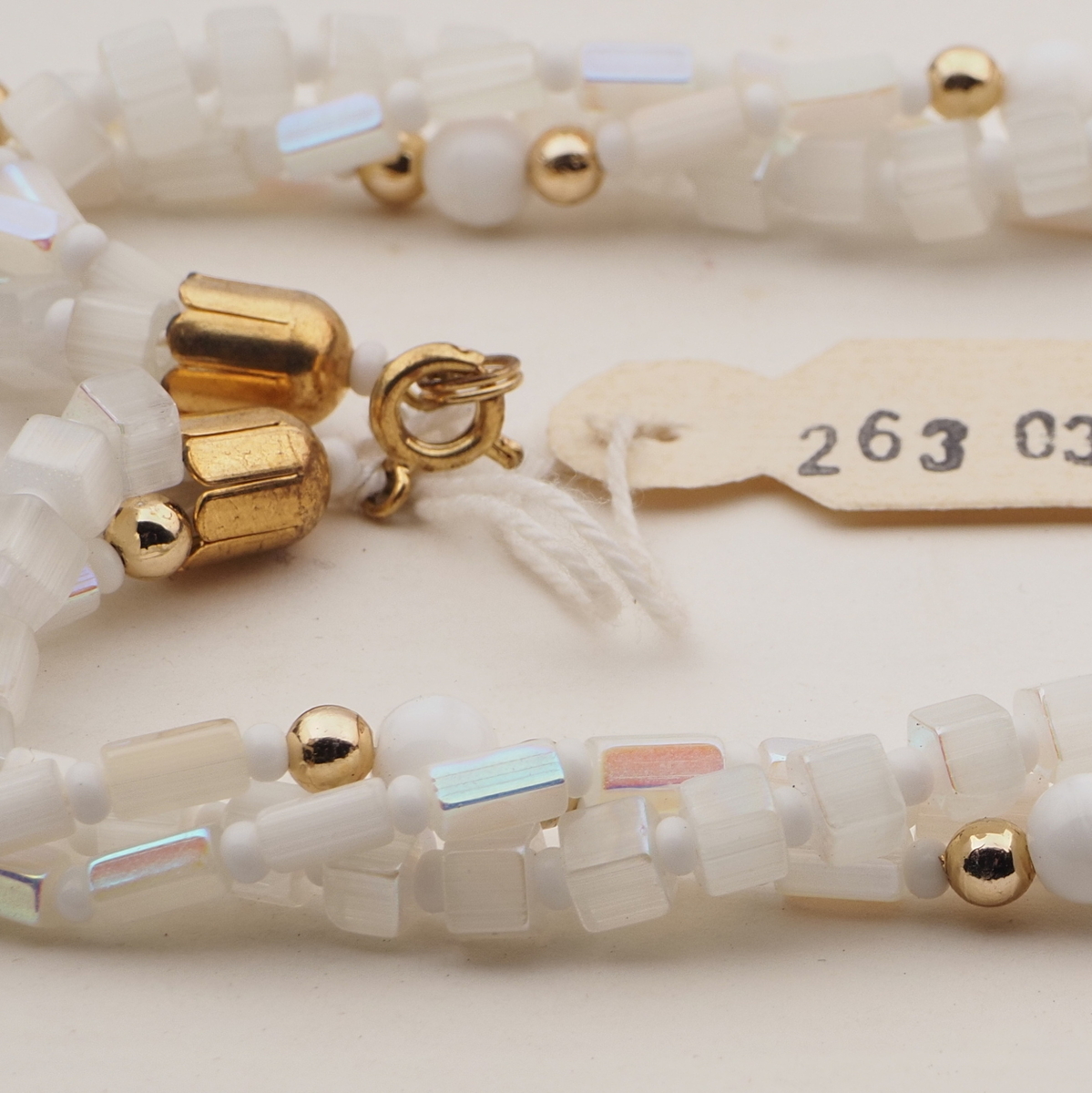 Vintage Czech 3 strand necklace AB frost satin atlas white glass beads