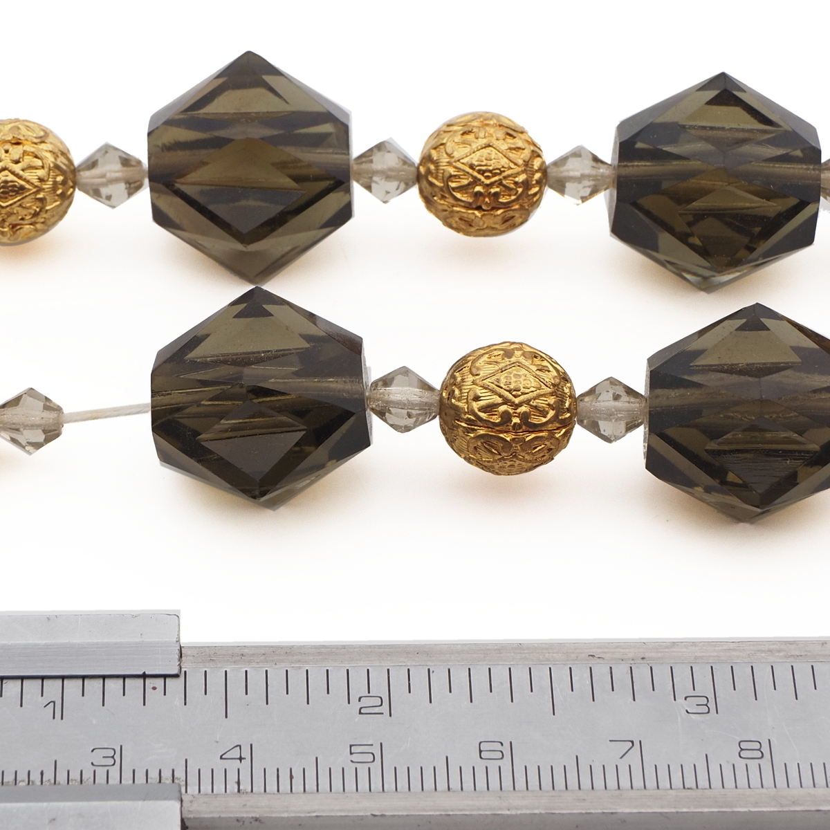 Vintage necklace Czech green faceted Art Deco glass beads gold metal ball beads