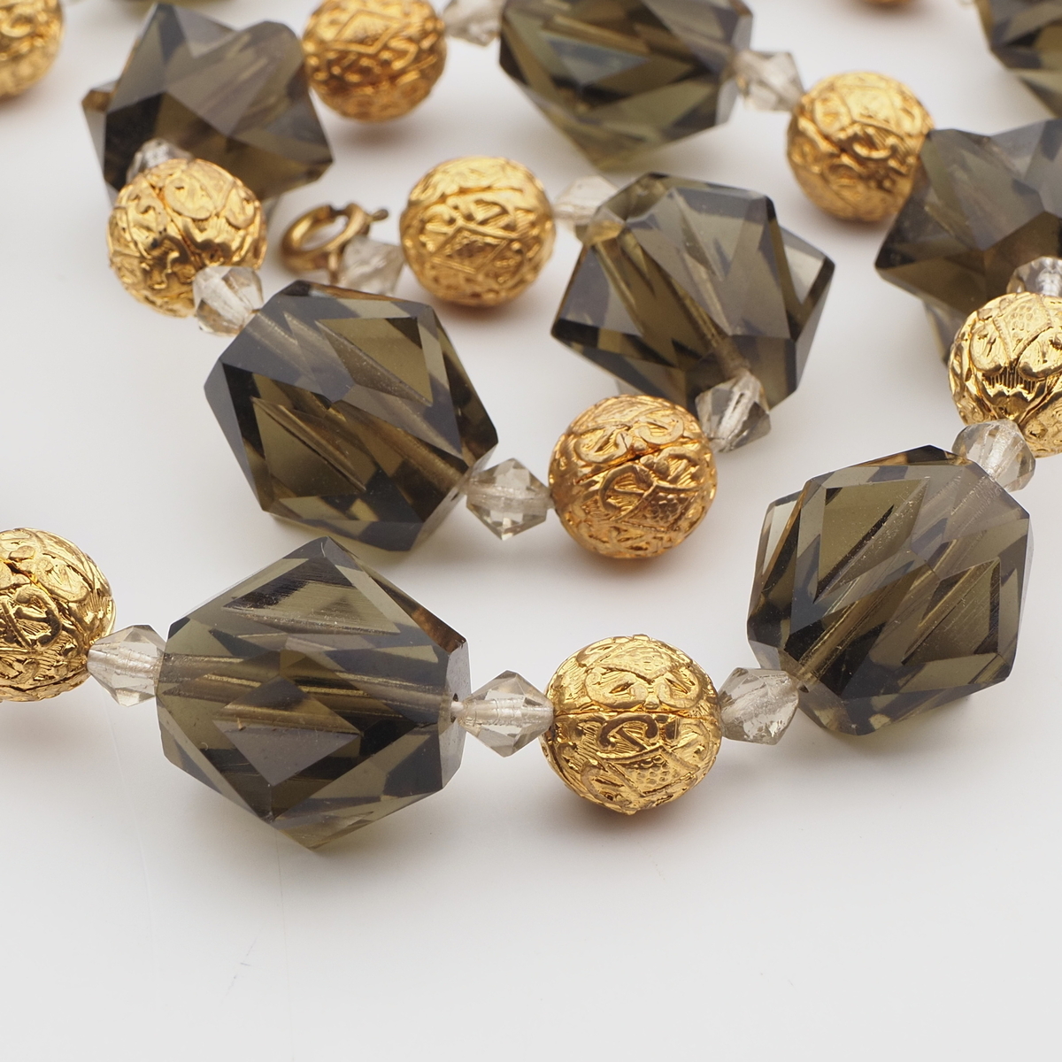 Vintage necklace Czech green faceted Art Deco glass beads gold metal ball beads