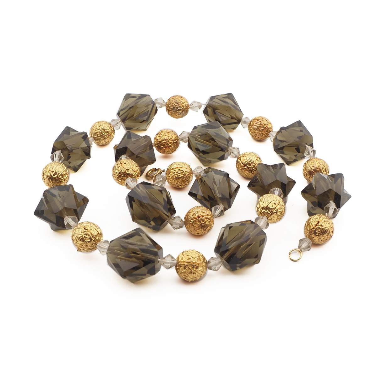 Vintage necklace Czech green faceted Art Deco glass beads gold metal ball beads
