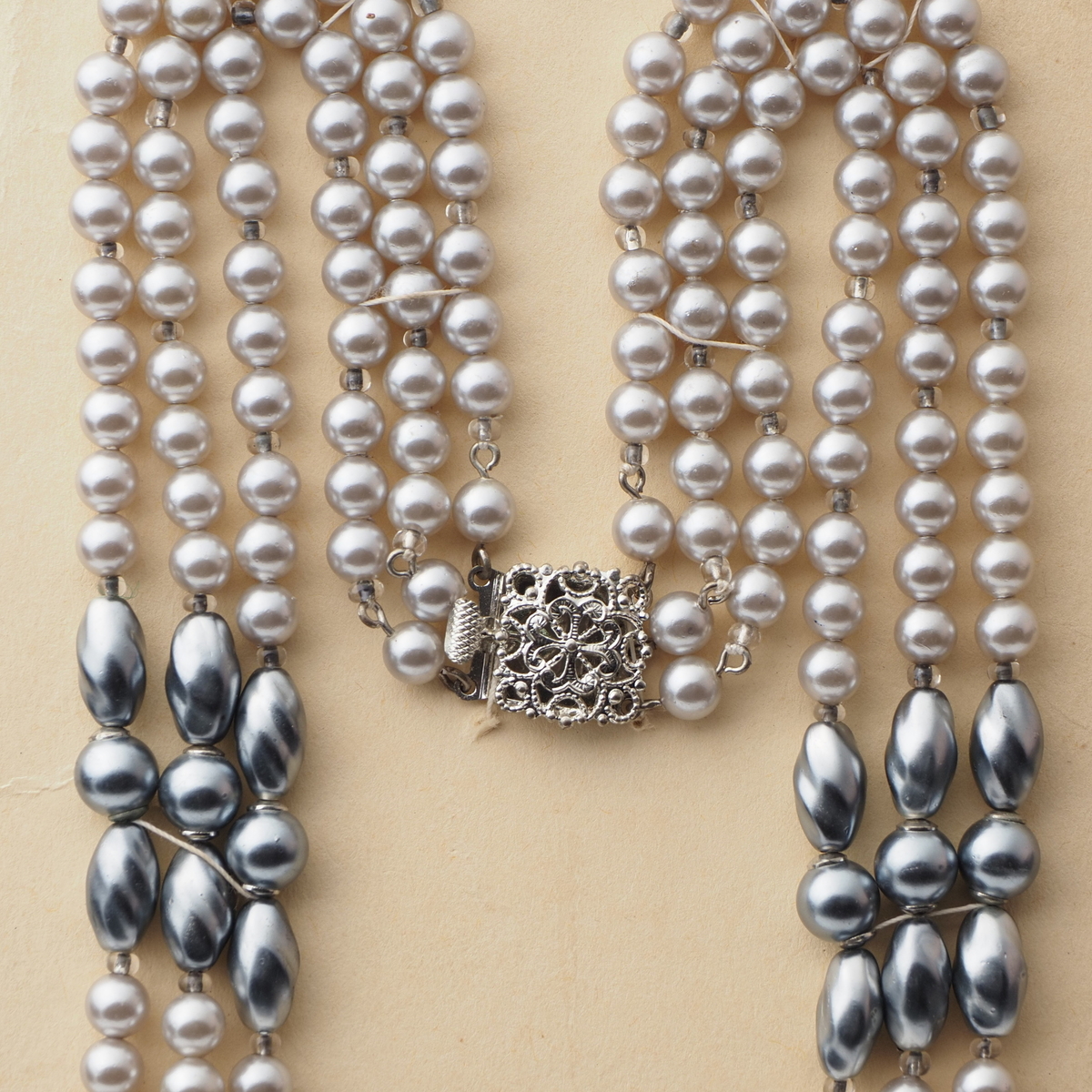 Vintage Czech 3 strand necklace pearl round oval glass beads