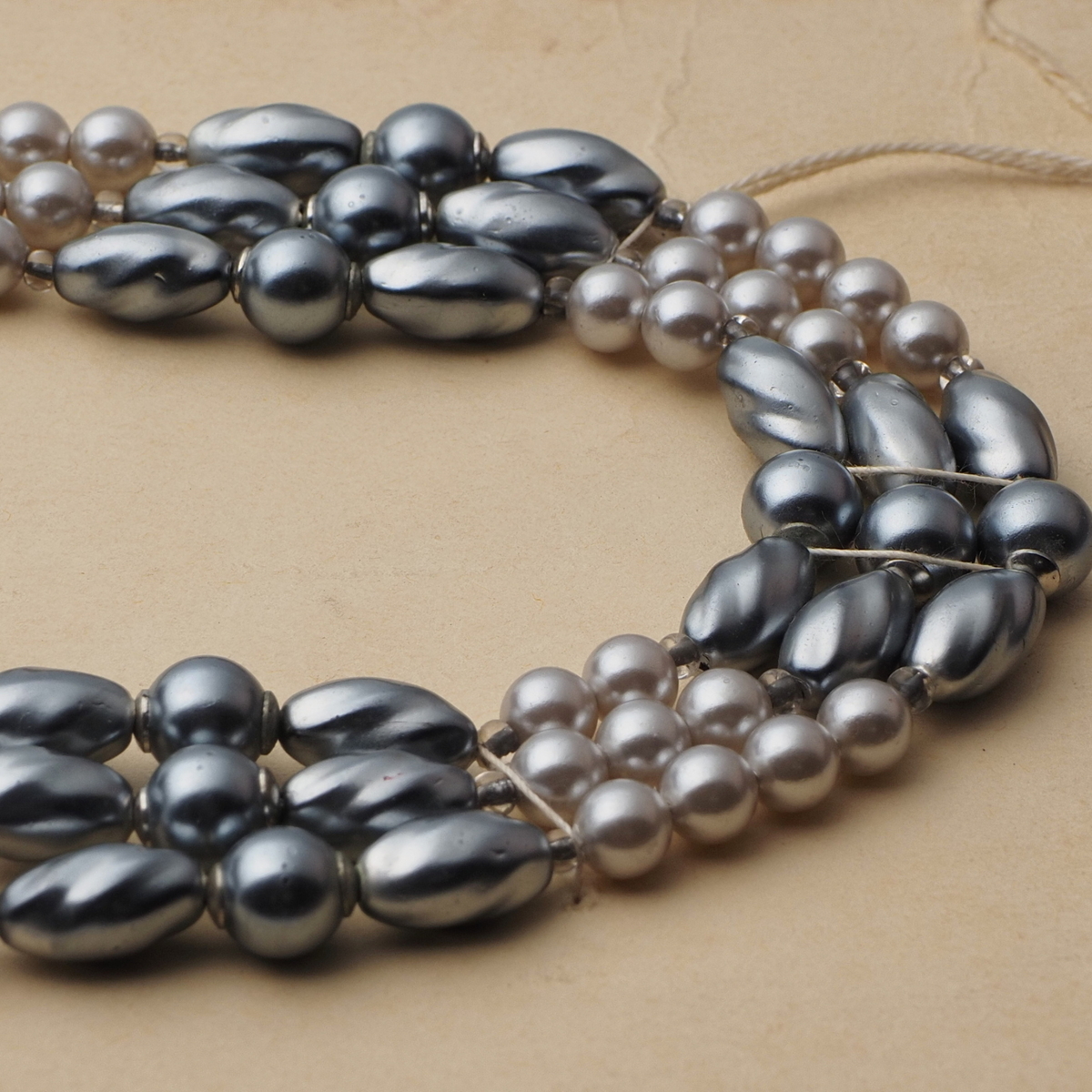 Vintage Czech 3 strand necklace pearl round oval glass beads