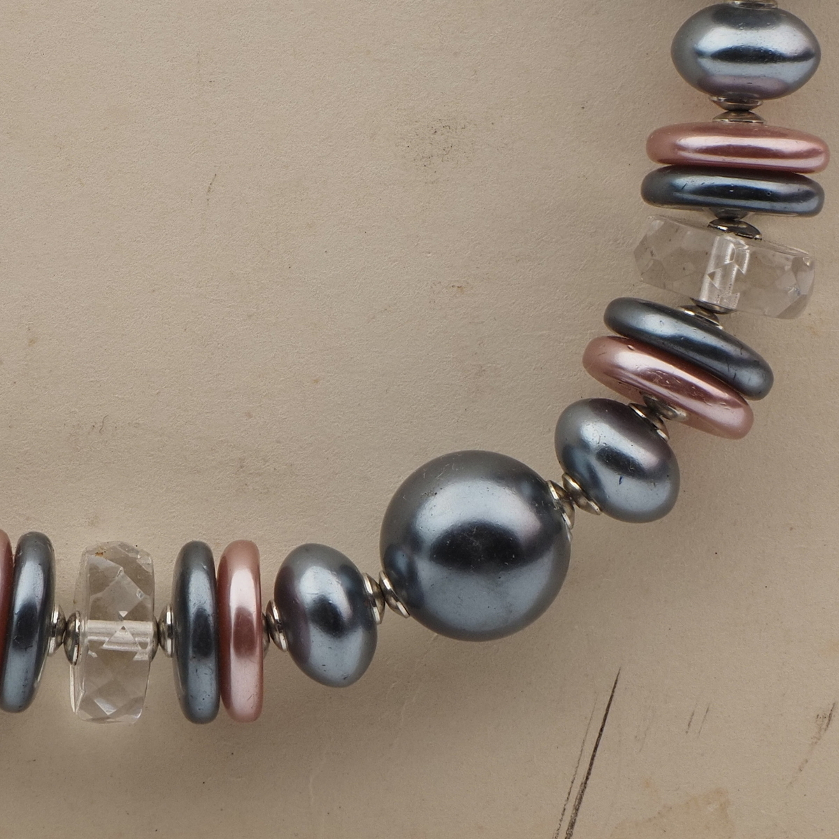 Vintage Czech necklace pearl metallic clear rondelle glass beads