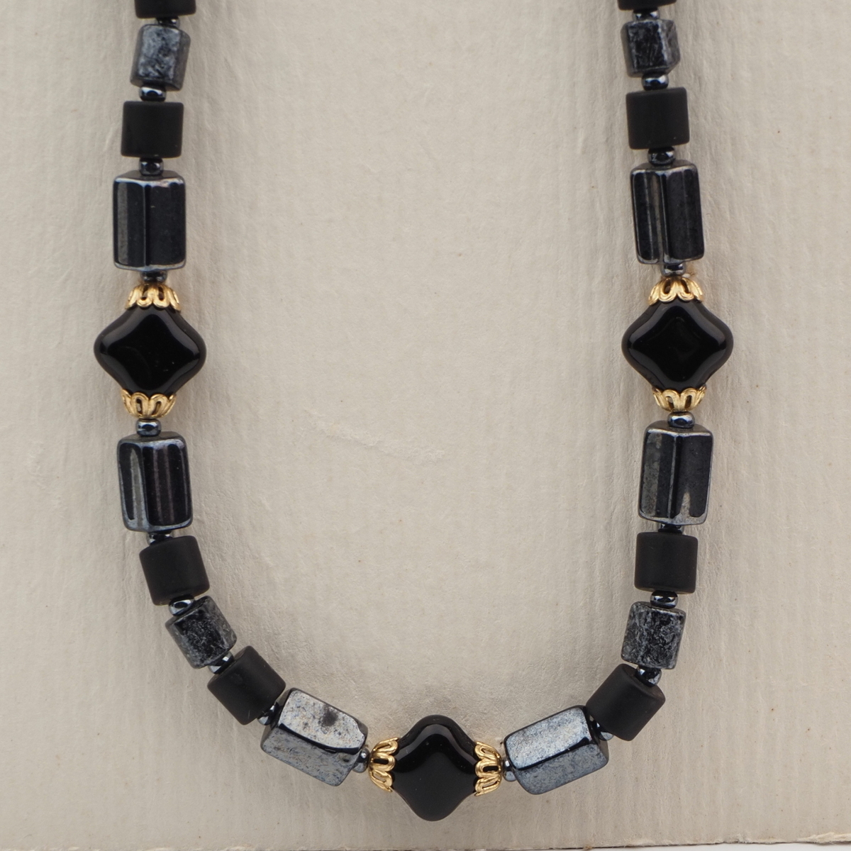 Vintage Czech necklace black hematite marble glass beads 18"
