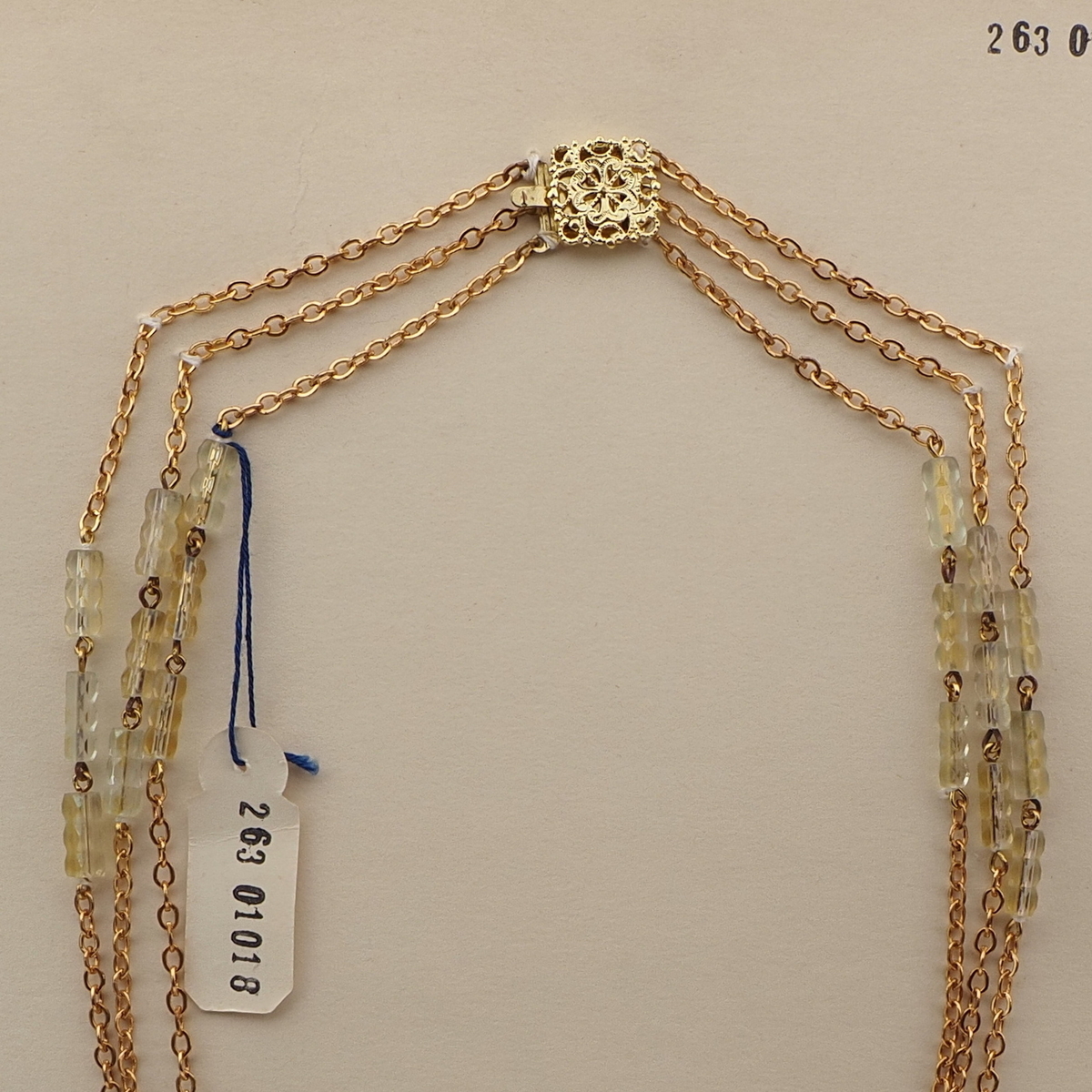 Vintage Czech 3 strand chain necklace gold lustre pentagon bugle glass beads 