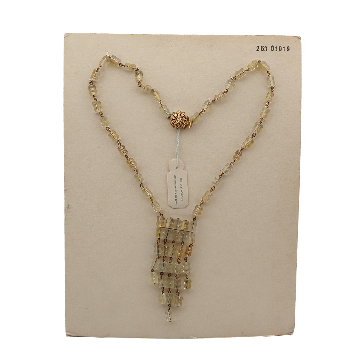 Vintage Czech link tassle necklace gold lustre pentagon bugle glass beads 