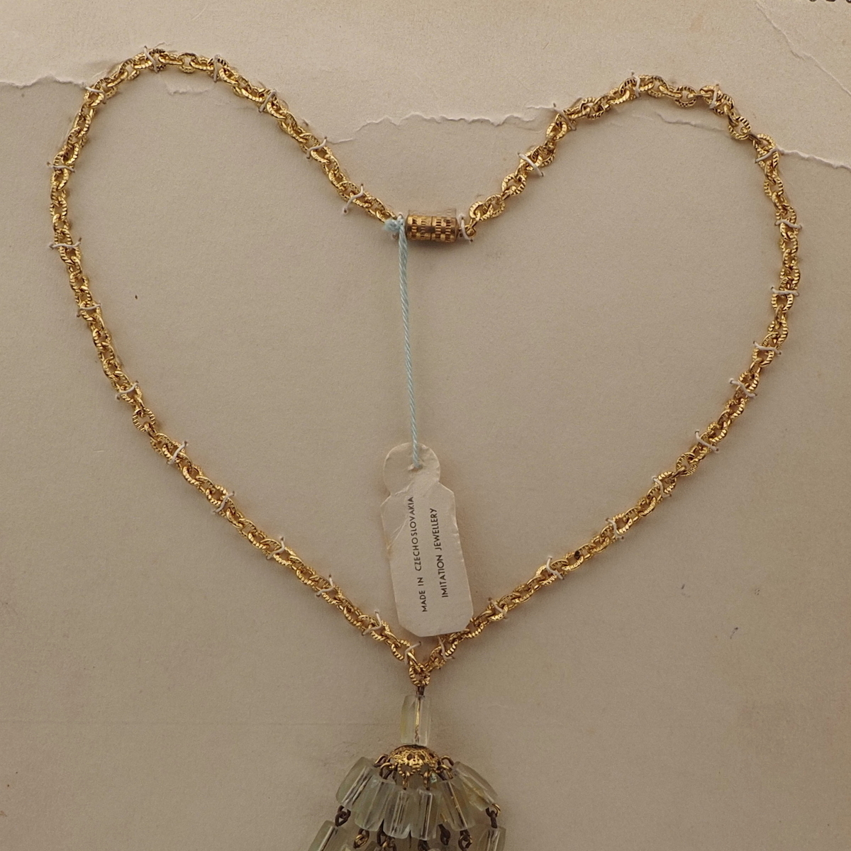 Vintage Czech gold chain tassle necklace gold lustre pentagon bugle glass beads 
