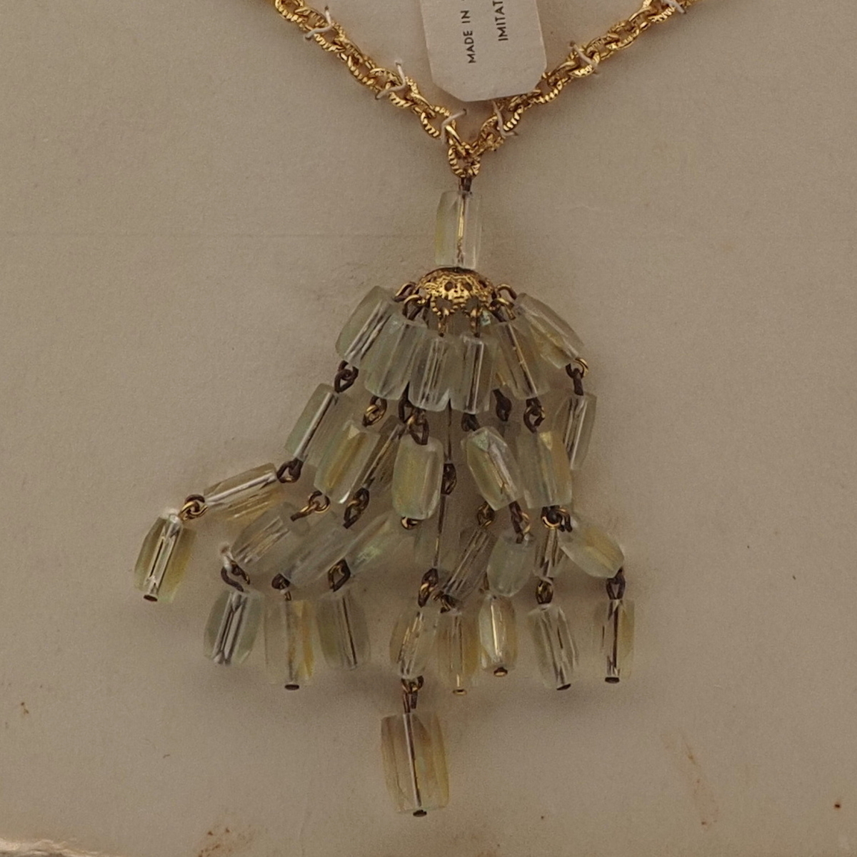 Vintage Czech gold chain tassle necklace gold lustre pentagon bugle glass beads 