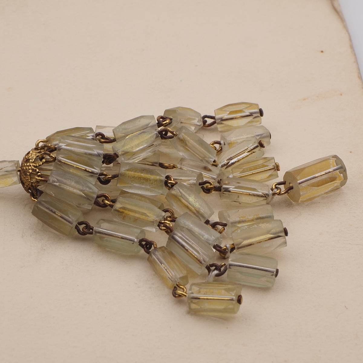 Vintage Czech gold chain tassle necklace gold lustre pentagon bugle glass beads 