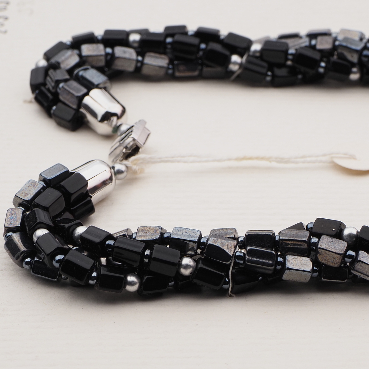 Vintage Czech 4 strand necklace black hematite silver glass beads