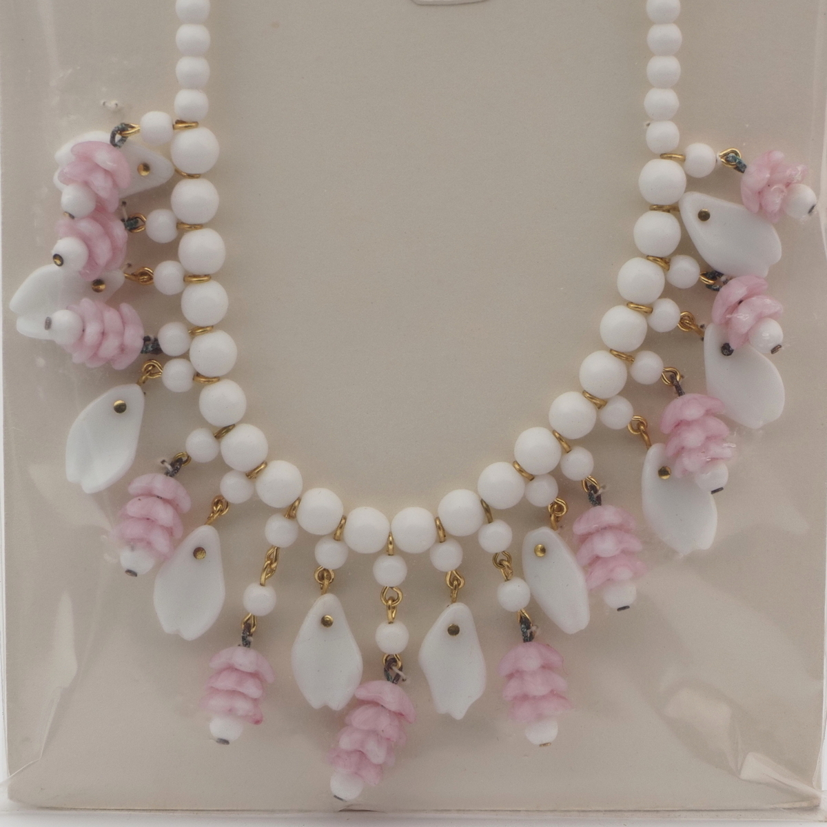 Vintage Czech necklace white round leaf pink flower glass beads