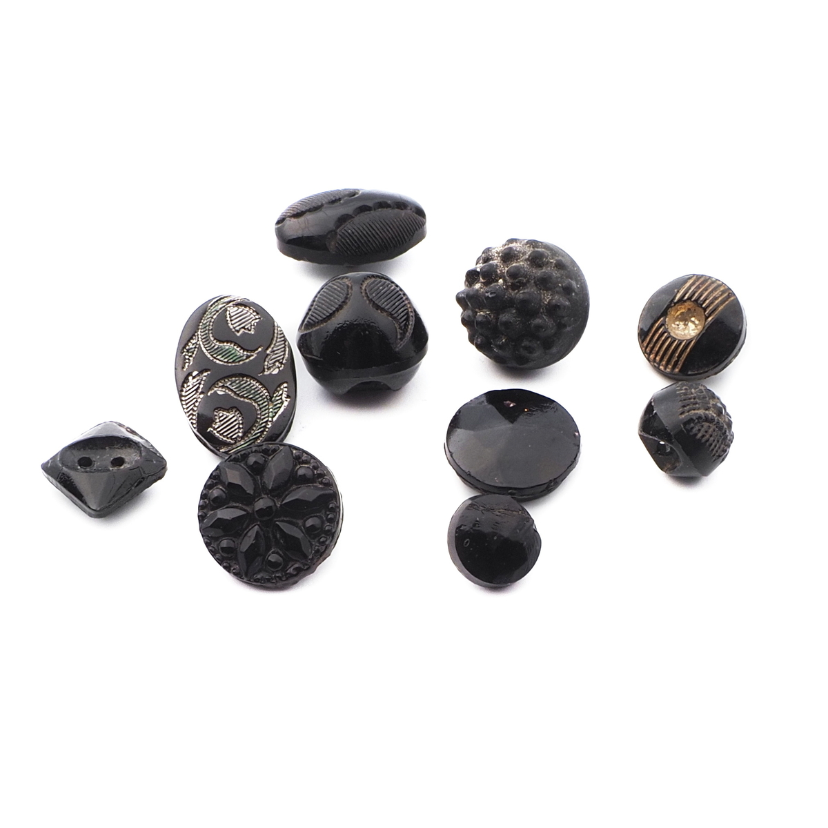 Lot (9) Czech Victorian Deco antique small black glass buttons