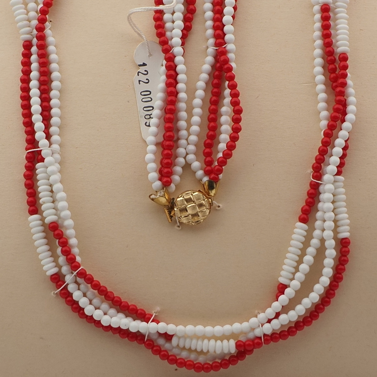 Vintage Czech 4 strand necklace red white round rondelle glass beads 