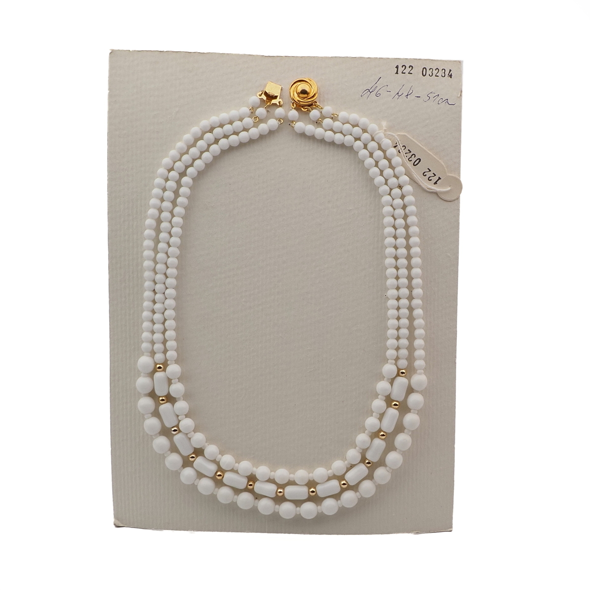 Vintage Czech 3 strand necklace white round oval bugle glass beads 18" 