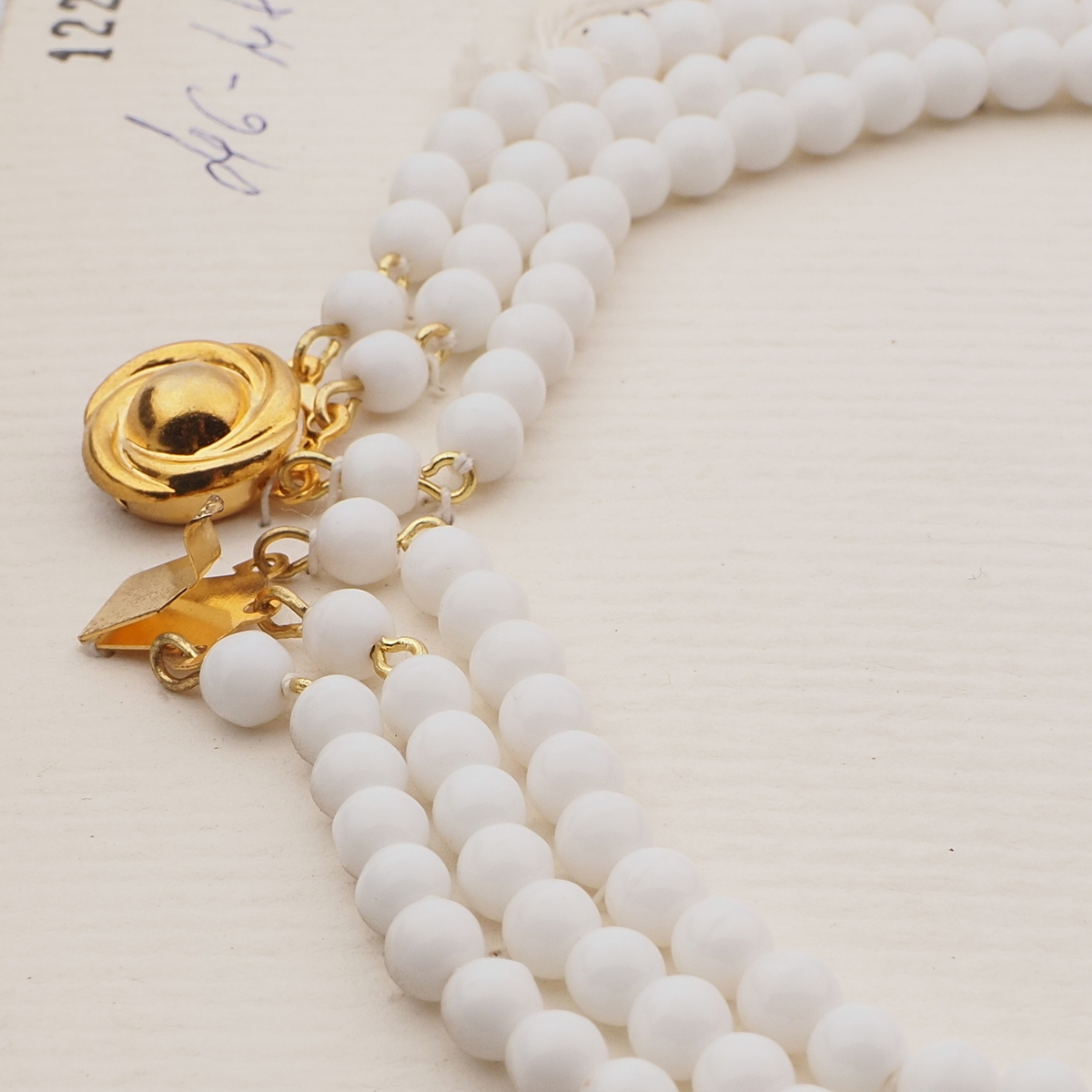 Vintage Czech 3 strand necklace white round oval bugle glass beads 18" 