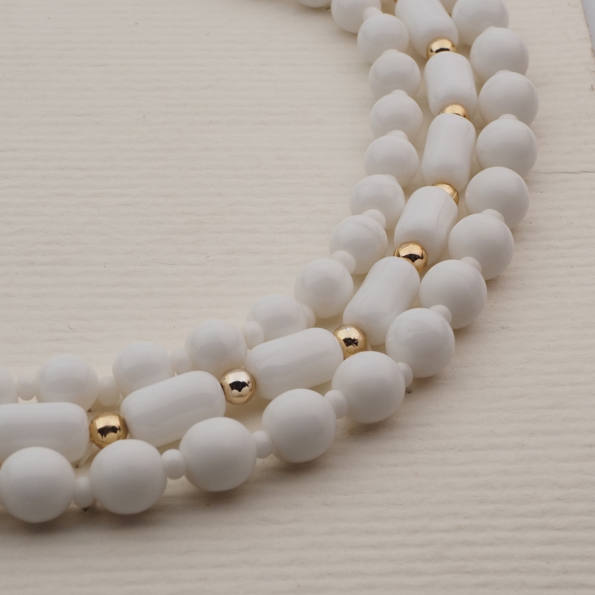 Vintage Czech 3 strand necklace white round oval bugle glass beads 18" 