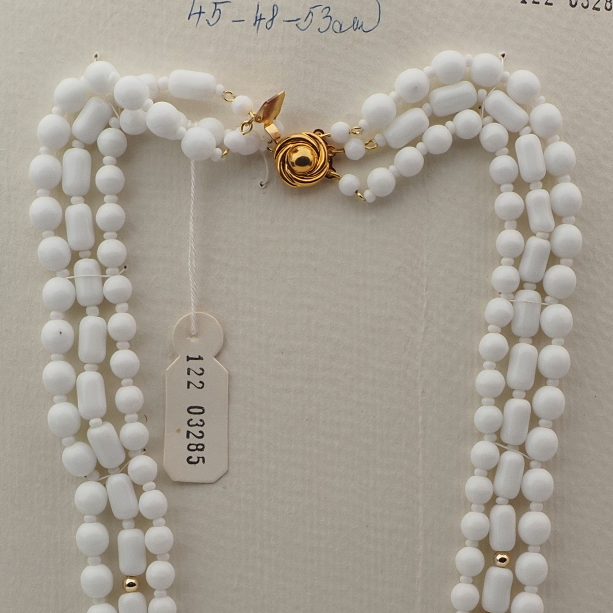 Vintage Czech 3 strand necklace white round oval bugle glass beads 18"