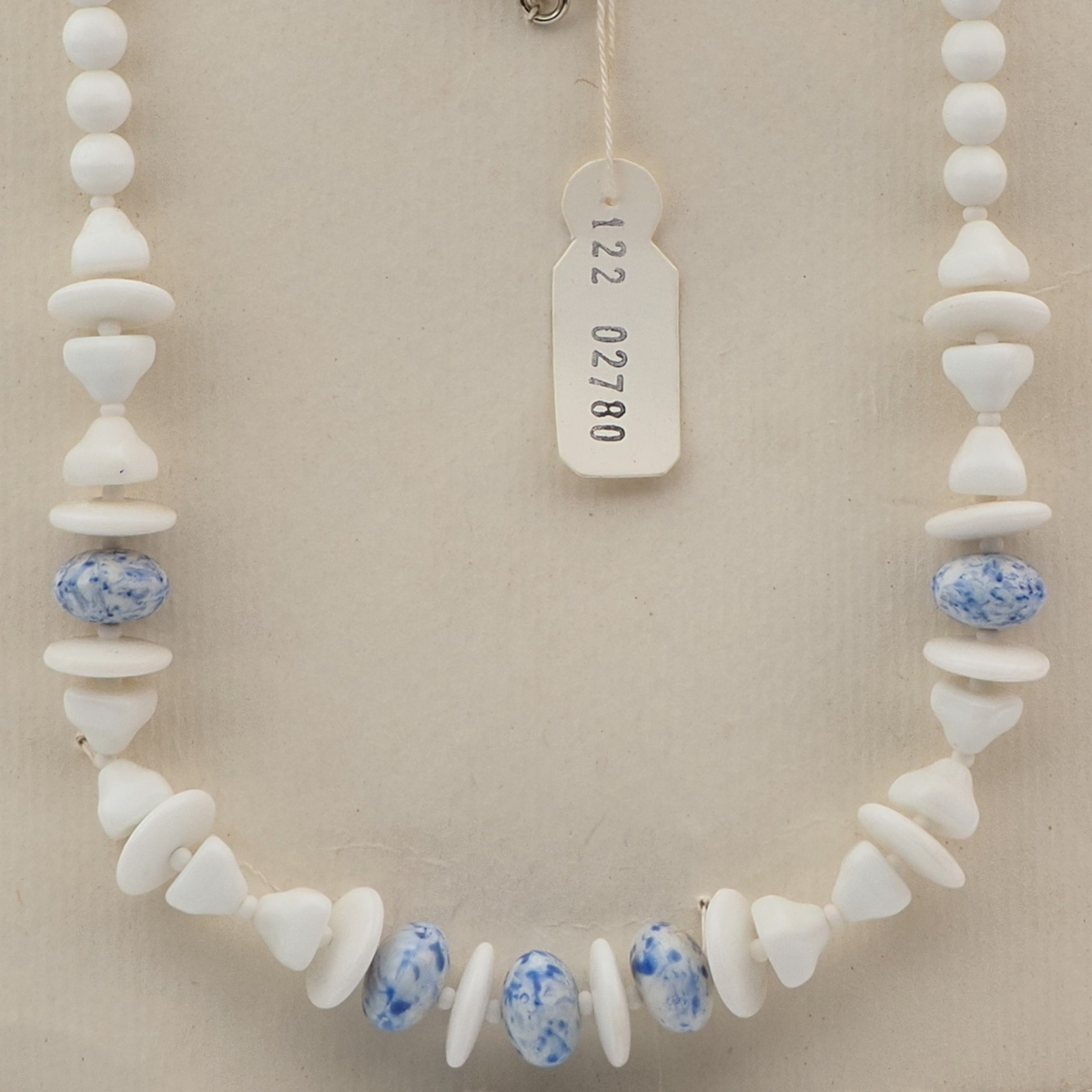 Vintage Czech necklace white blue marble round rondelle pyramid glass beads