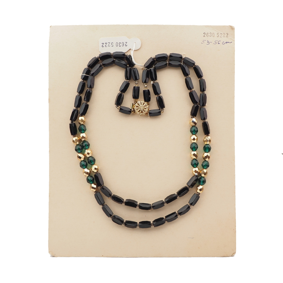 Vintage Czech 2 strand necklace black pentagon gold green glass beads 