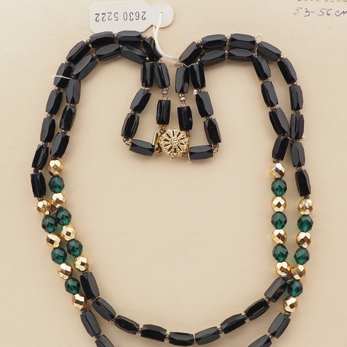 Vintage Czech 2 strand necklace black pentagon gold green glass beads 