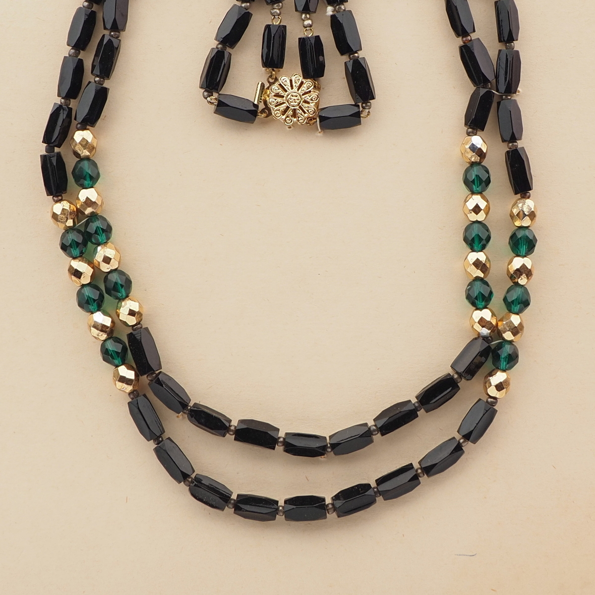 Vintage Czech 2 strand necklace black pentagon gold green glass beads 