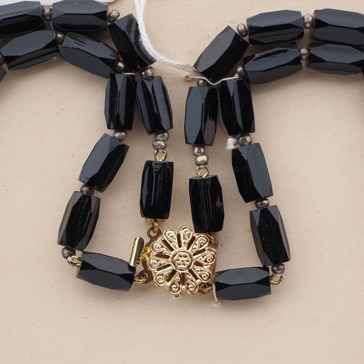 Vintage Czech 2 strand necklace black pentagon gold green glass beads 