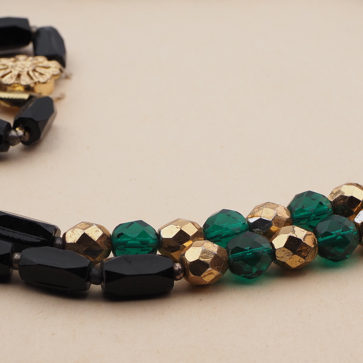 Vintage Czech 2 strand necklace black pentagon gold green glass beads 