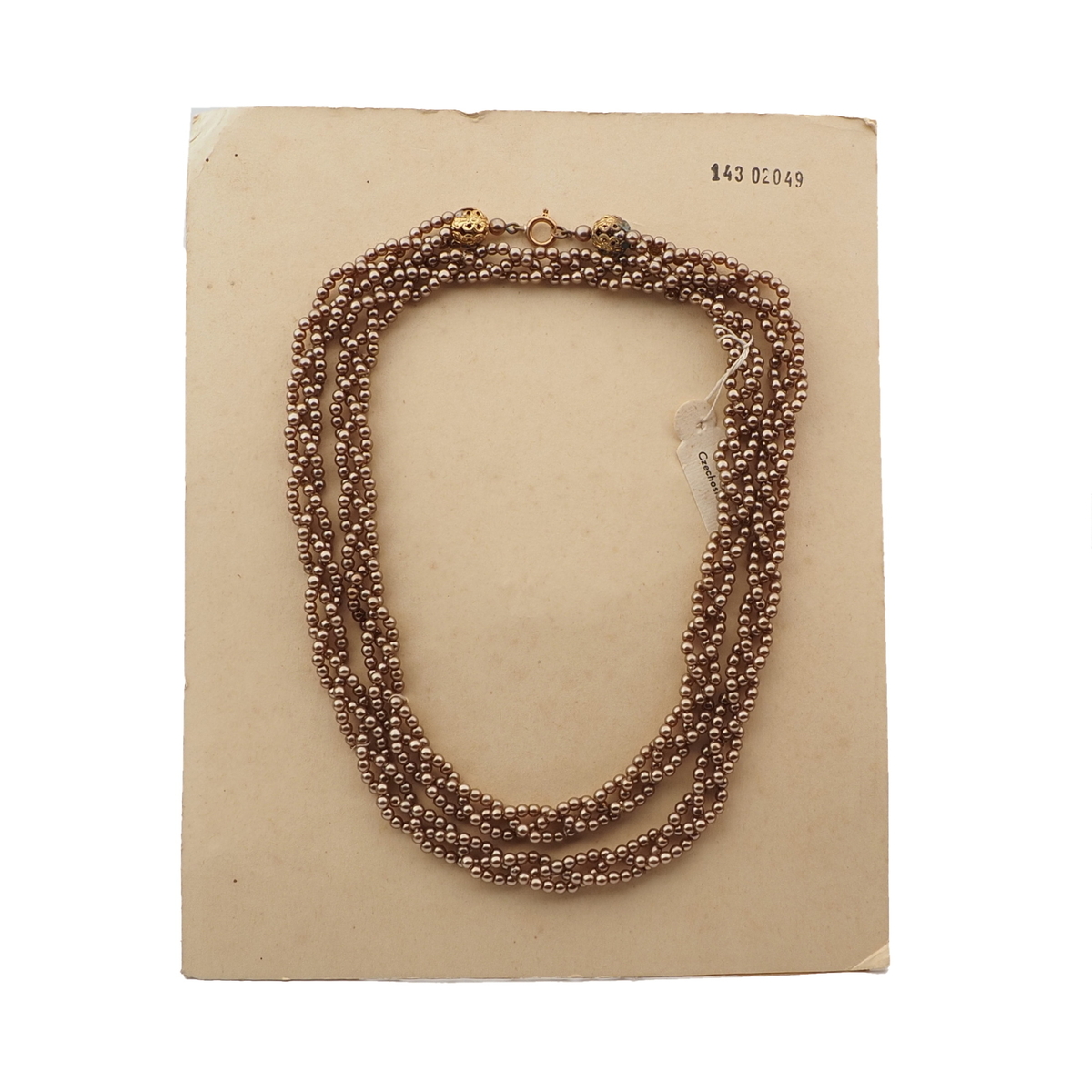 Long vintage Czech 3 strand necklace bronze metallic glass beads 30"
