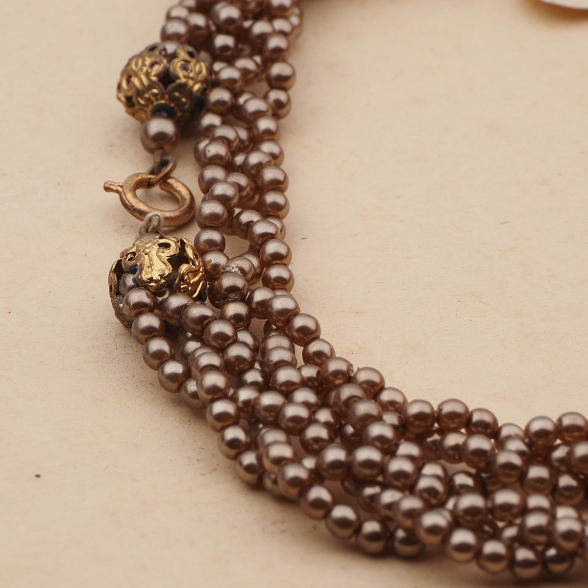 Long vintage Czech 3 strand necklace bronze metallic glass beads 30"