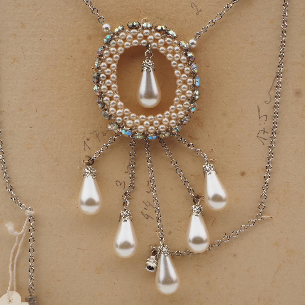 Vintage Czech silver chain necklace pearl glass bead AB rhinestone pendant
