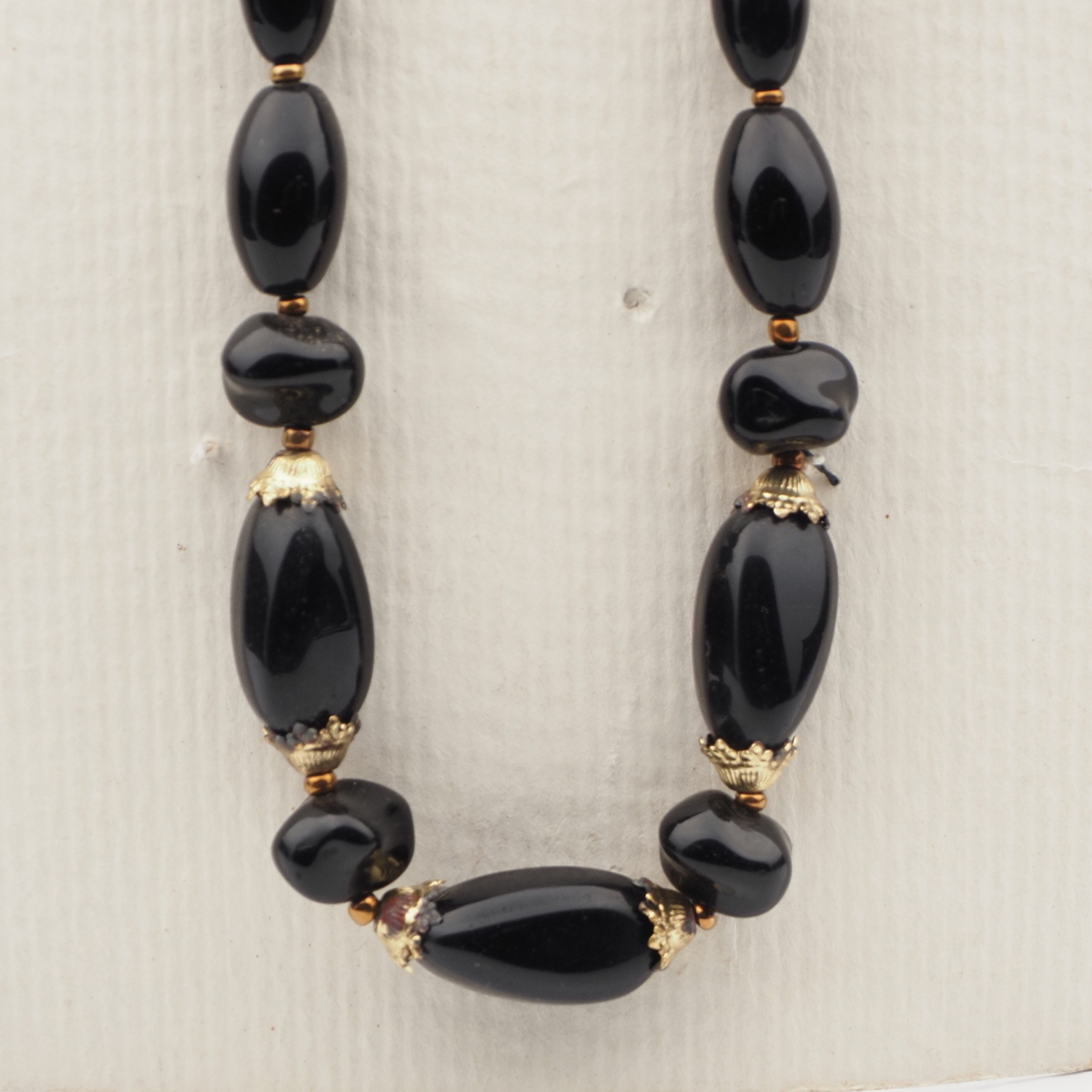Vintage Czech necklace black oval nugget glass beads 18"
