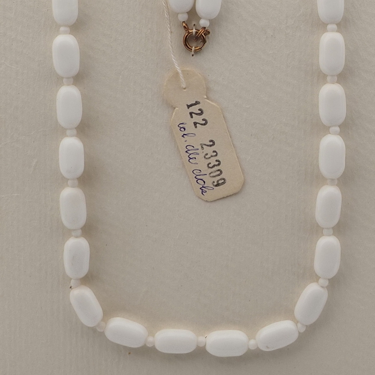 Vintage Czech necklace white oval rectangle glass beads 28"