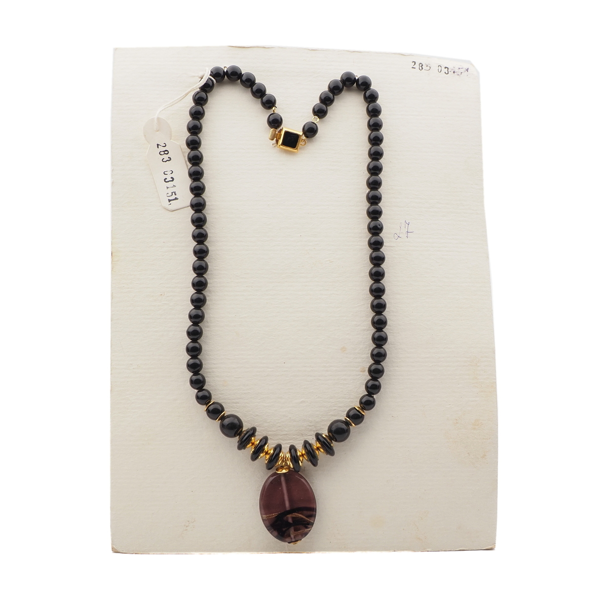 Vintage Czech necklace black aventurine gold swirl lampwork glass beads