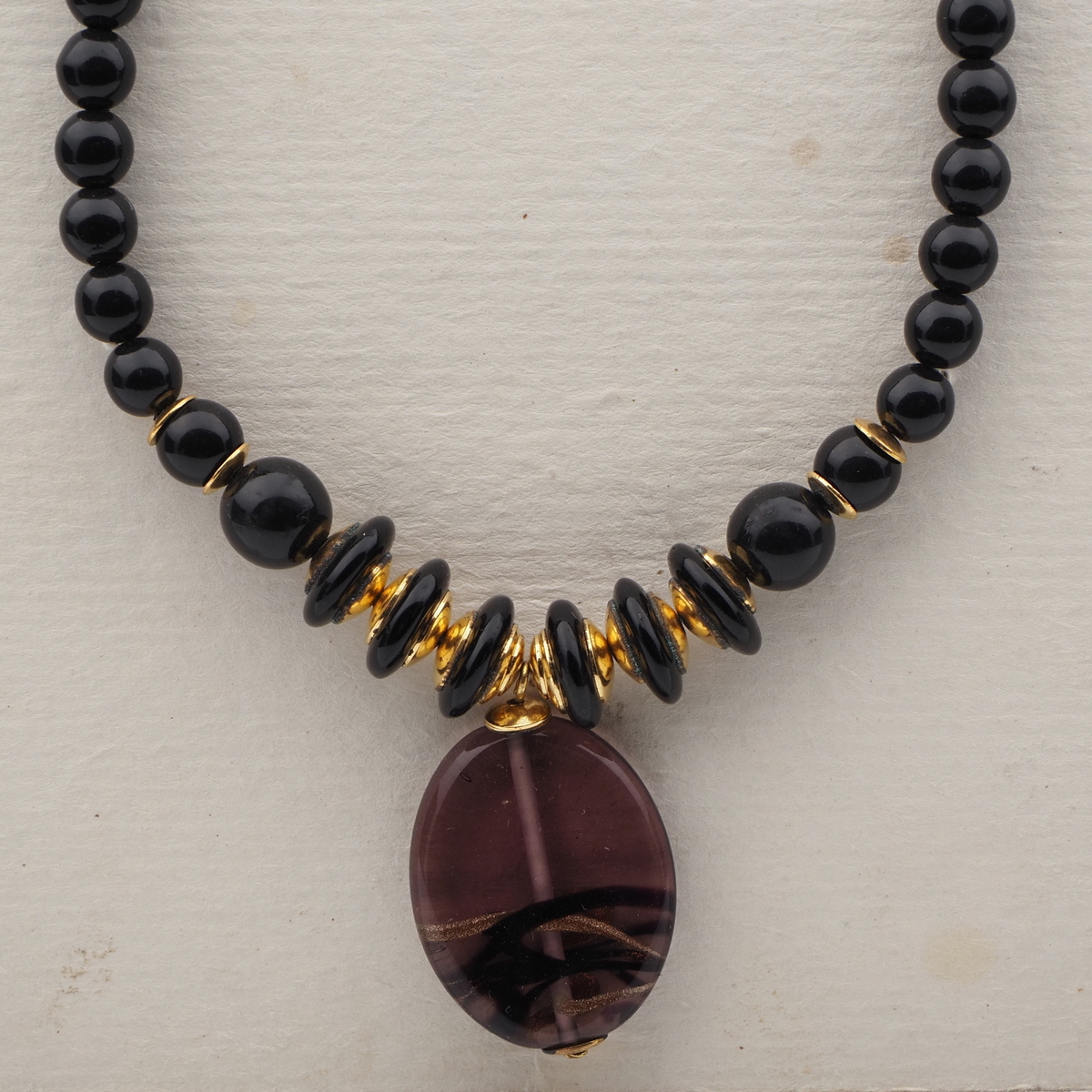 Vintage Czech necklace black aventurine gold swirl lampwork glass beads