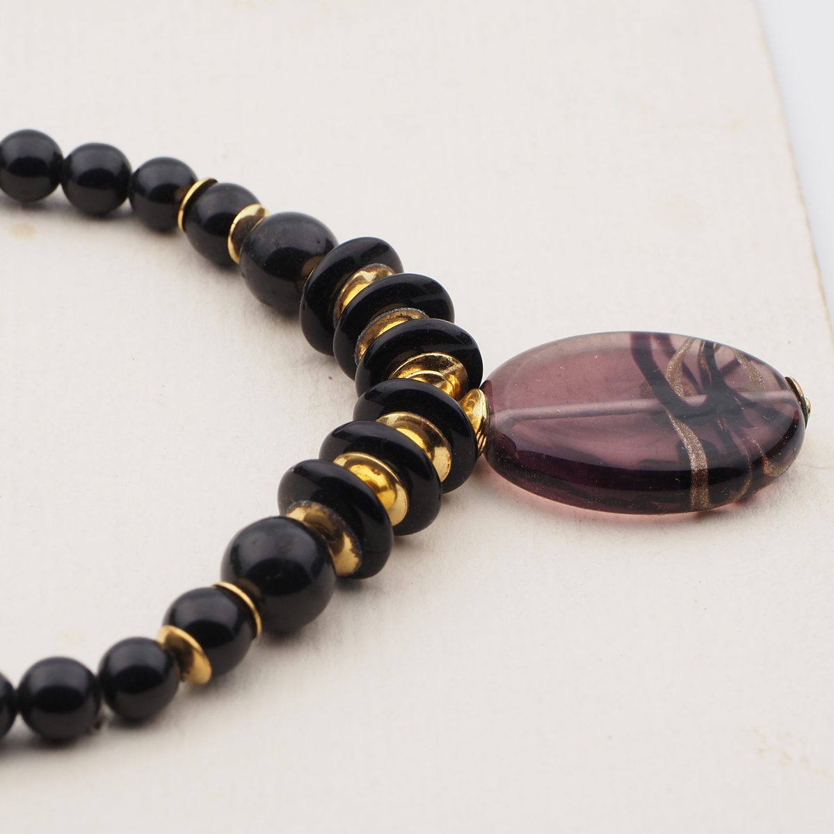 Vintage Czech necklace black aventurine gold swirl lampwork glass beads