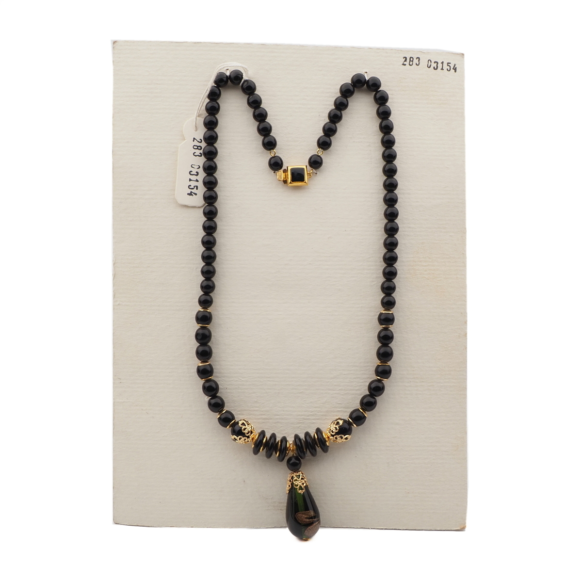 Vintage Czech necklace black aventurine gold swirl lampwork glass beads
