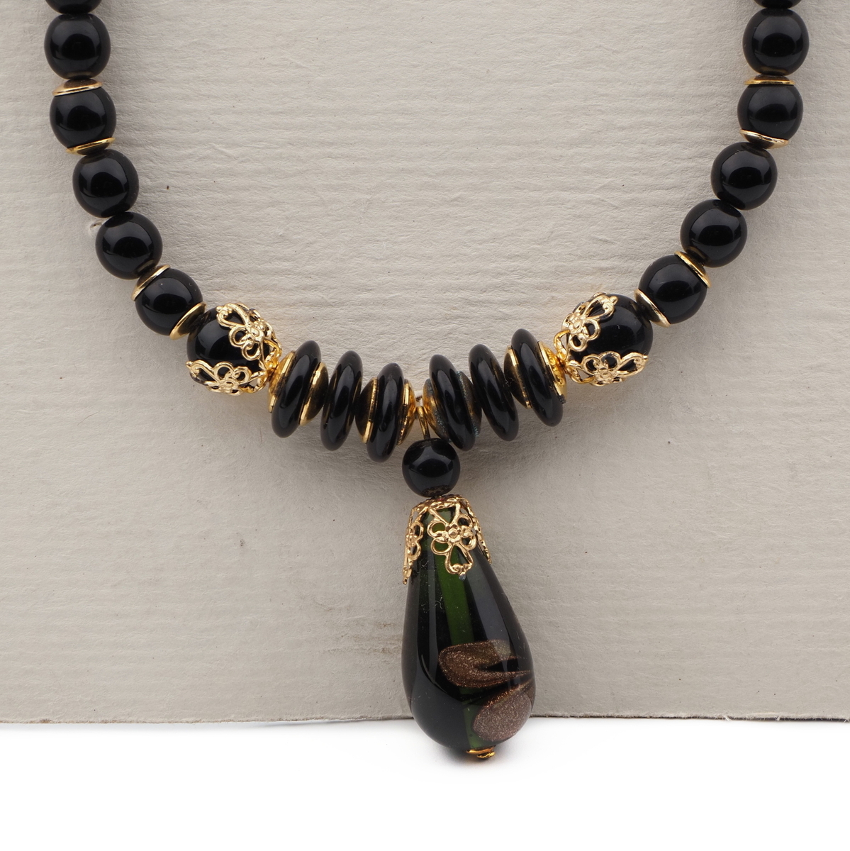 Vintage Czech necklace black aventurine gold swirl lampwork glass beads