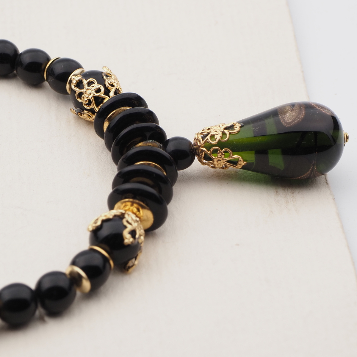 Vintage Czech necklace black aventurine gold swirl lampwork glass beads