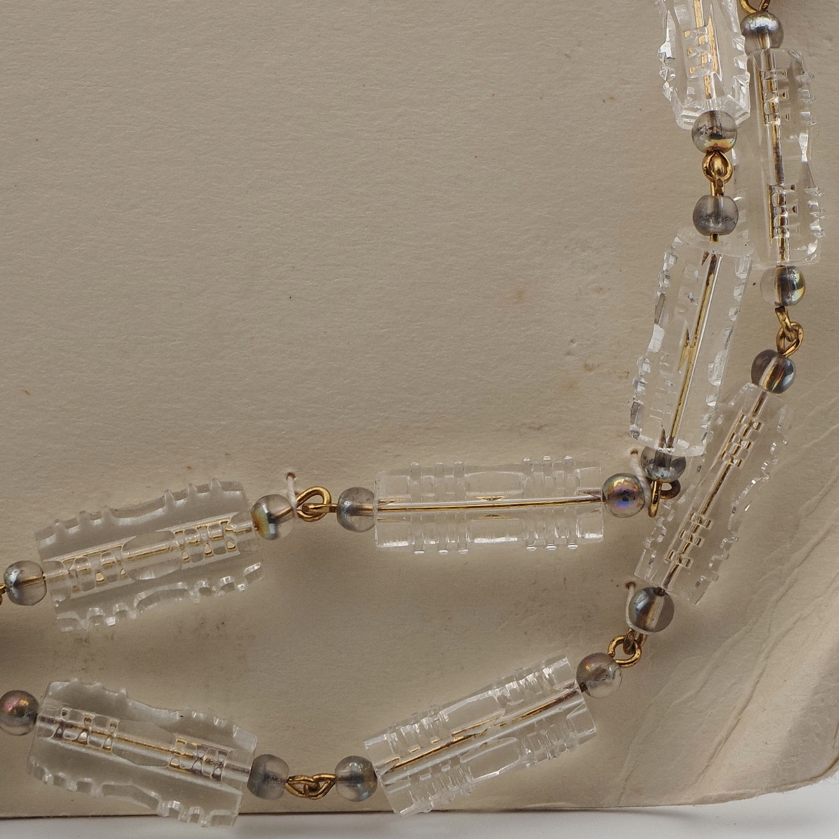 Vintage Czech 2 strand link necklace clear pentagon AB glass beads 