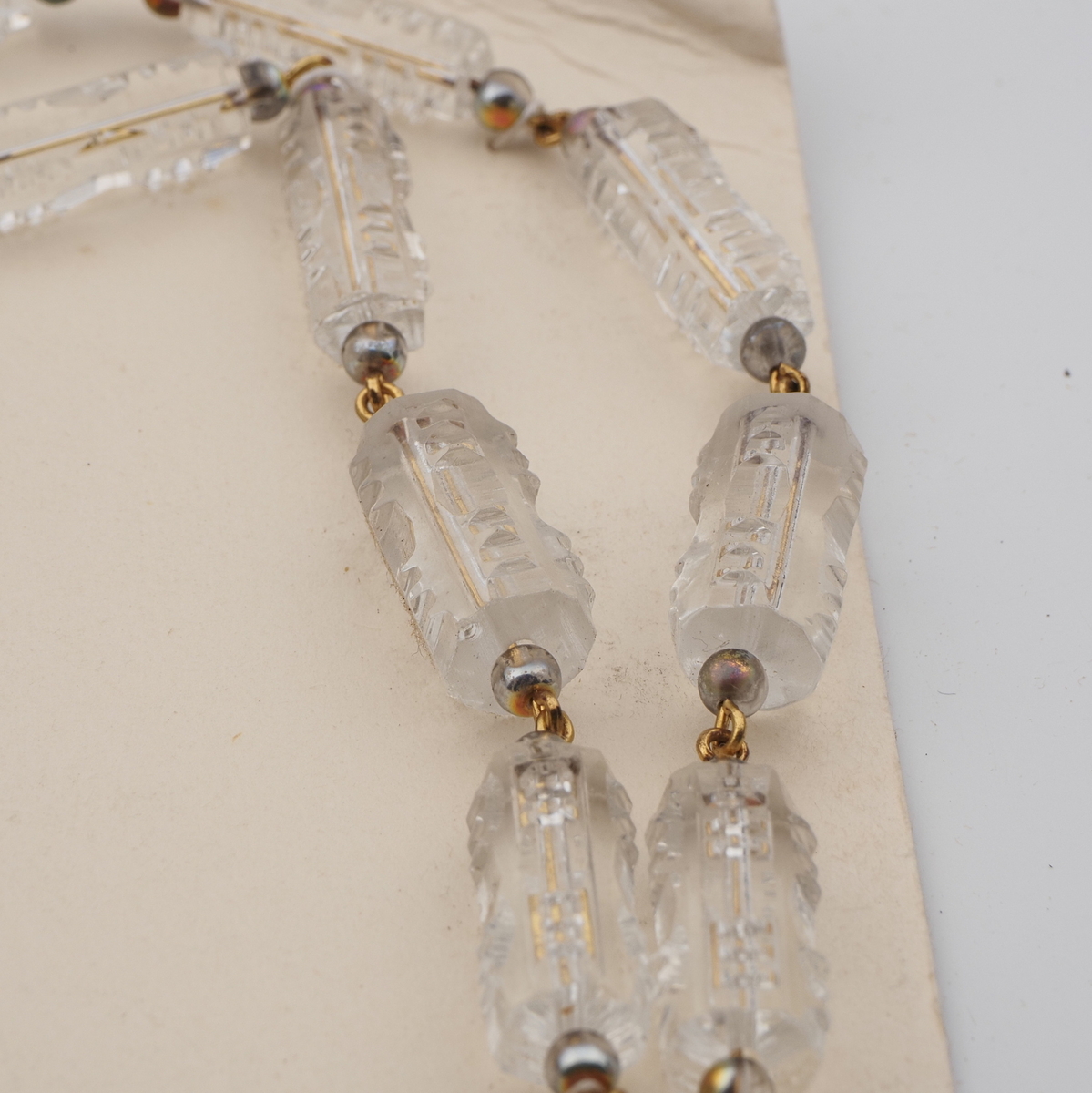 Vintage Czech 2 strand link necklace clear pentagon AB glass beads 