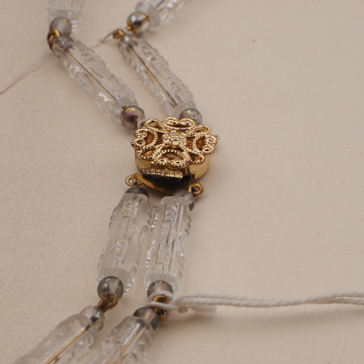 Vintage Czech 2 strand link necklace clear pentagon AB glass beads 