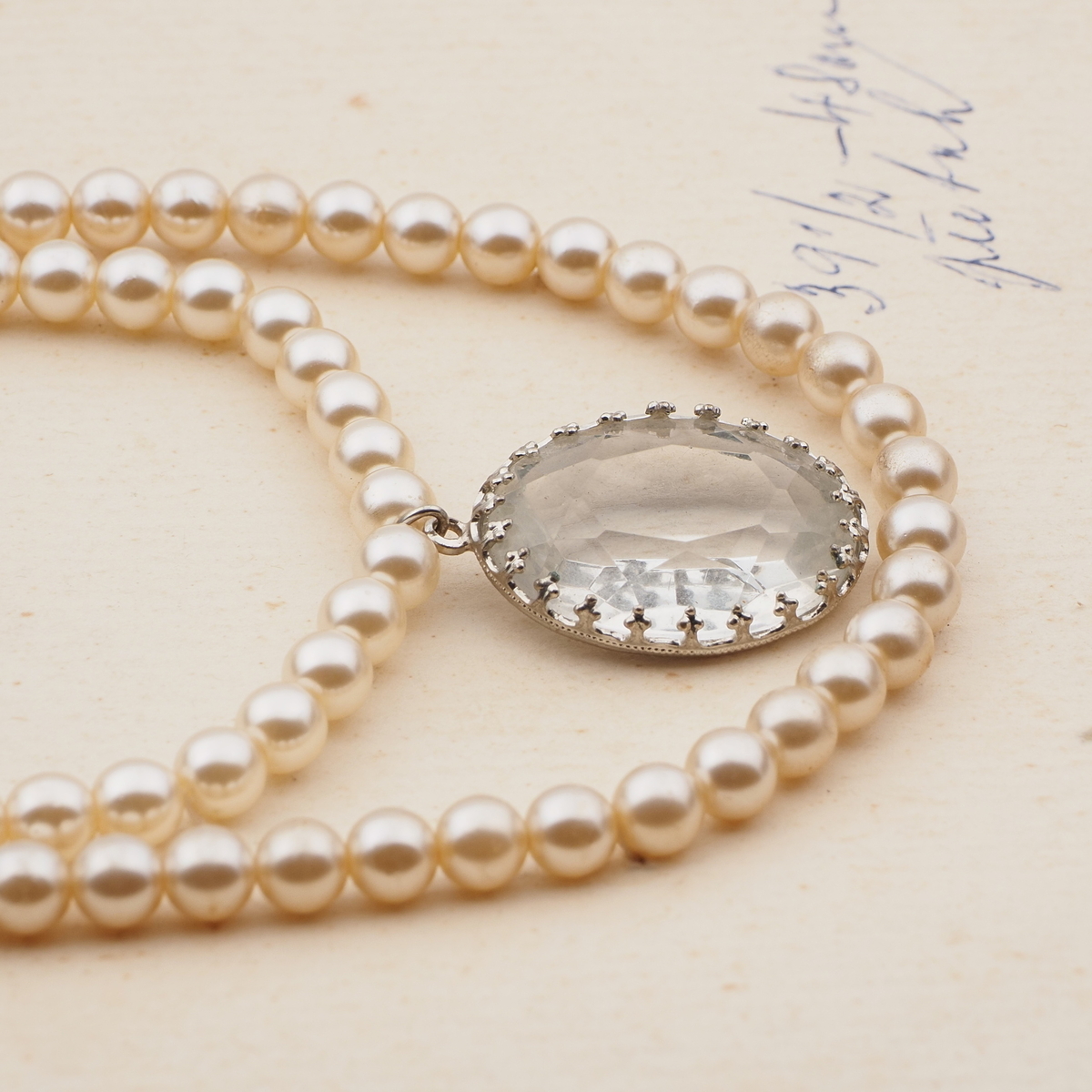 Vintage Czech 2 strand necklace pearl glass beads rhinestone pendant