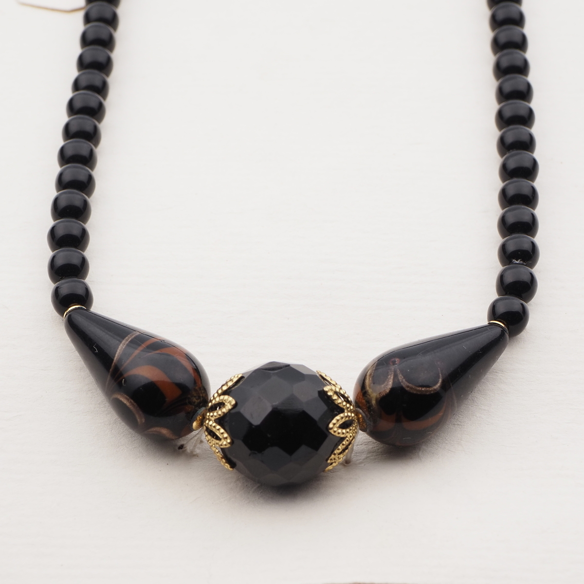 Vintage Czech necklace black aventurine gold lampwork glass beads