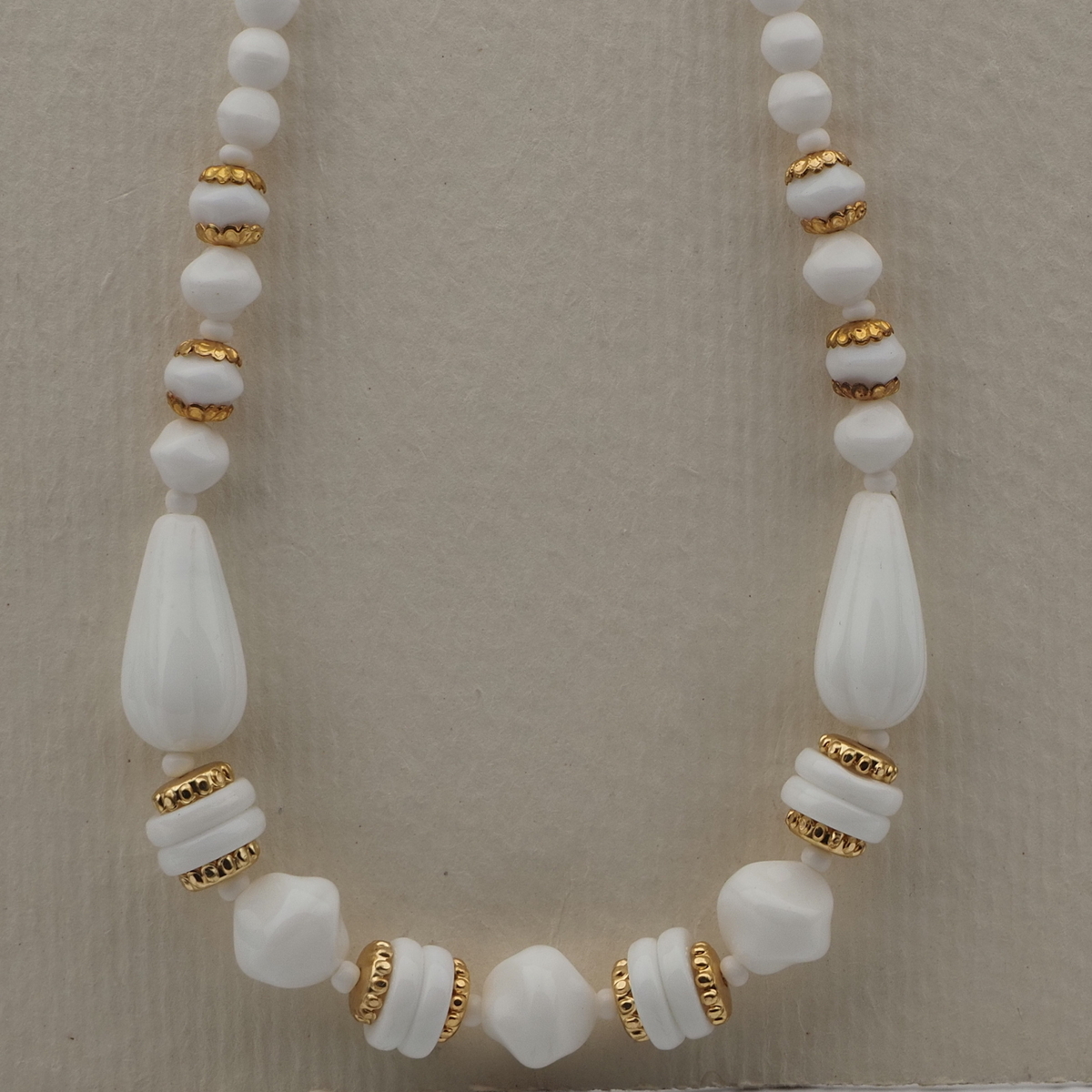 Vintage Czech necklace white teardrop nugget rondelle glass beads