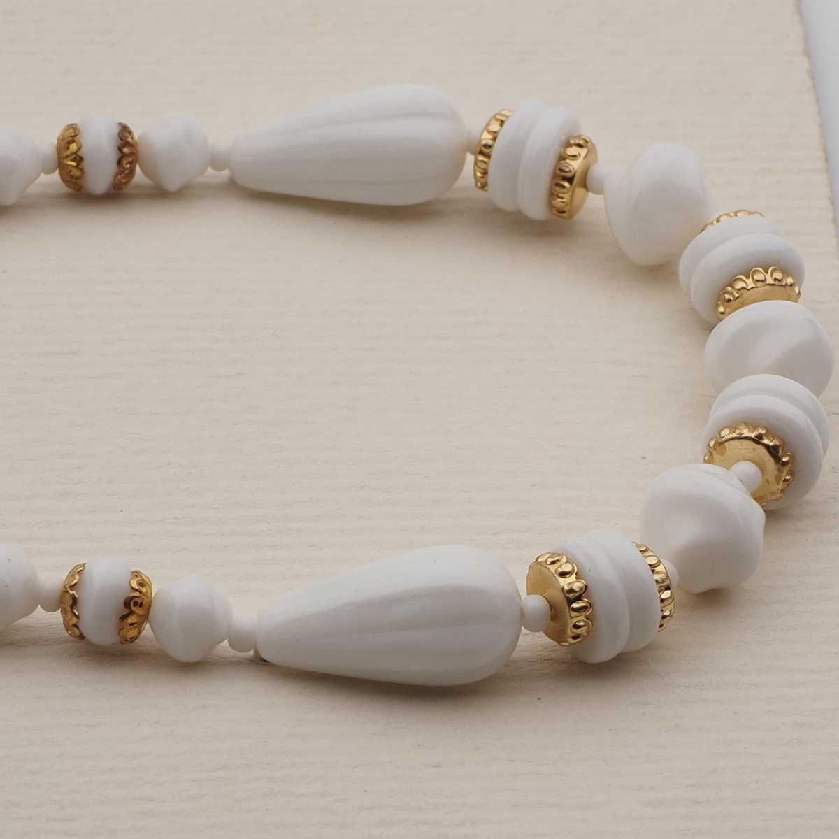 Vintage Czech necklace white teardrop nugget rondelle glass beads
