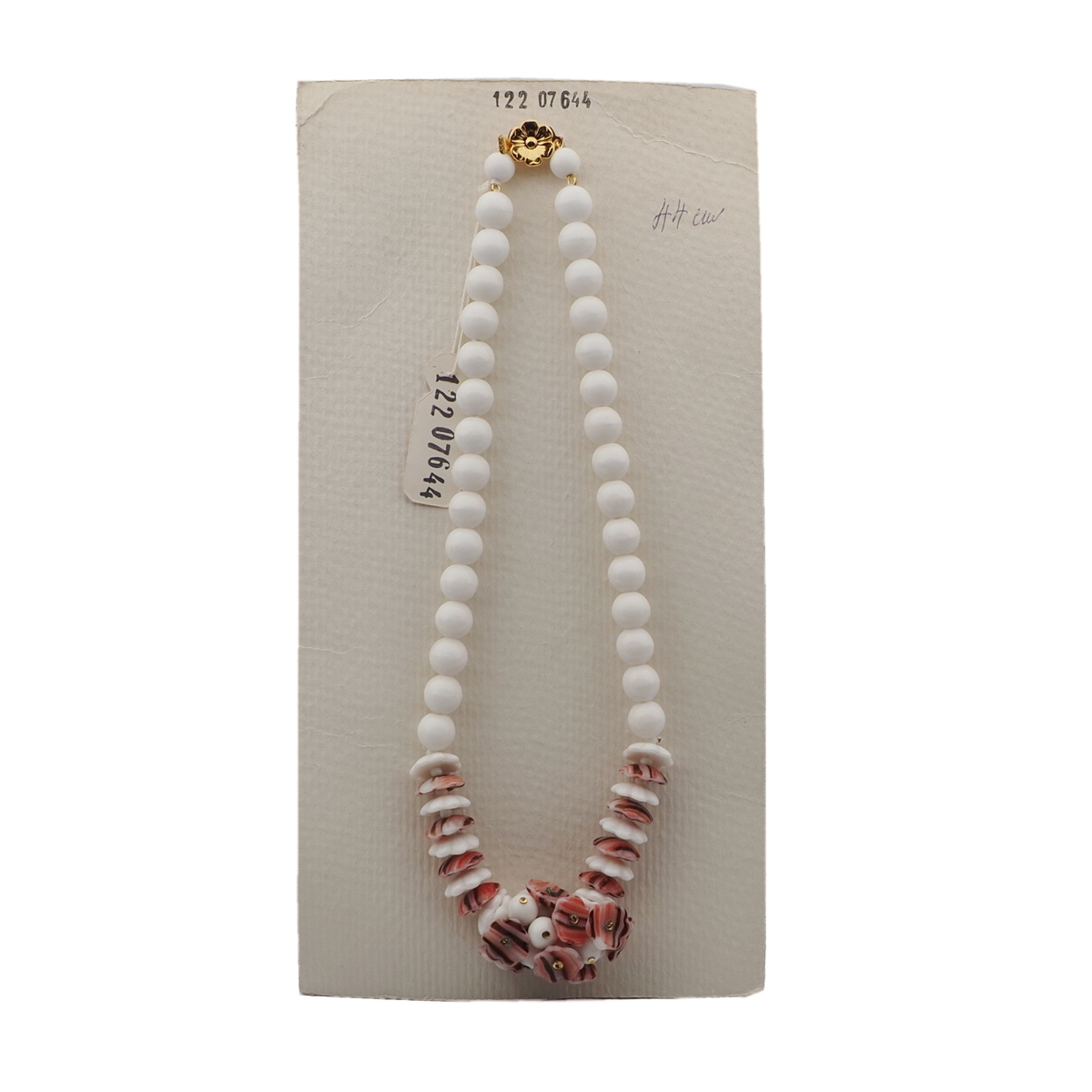 Vintage Czech necklace white striped round flower glass beads