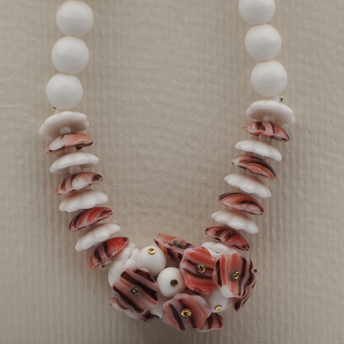 Vintage Czech necklace white striped round flower glass beads