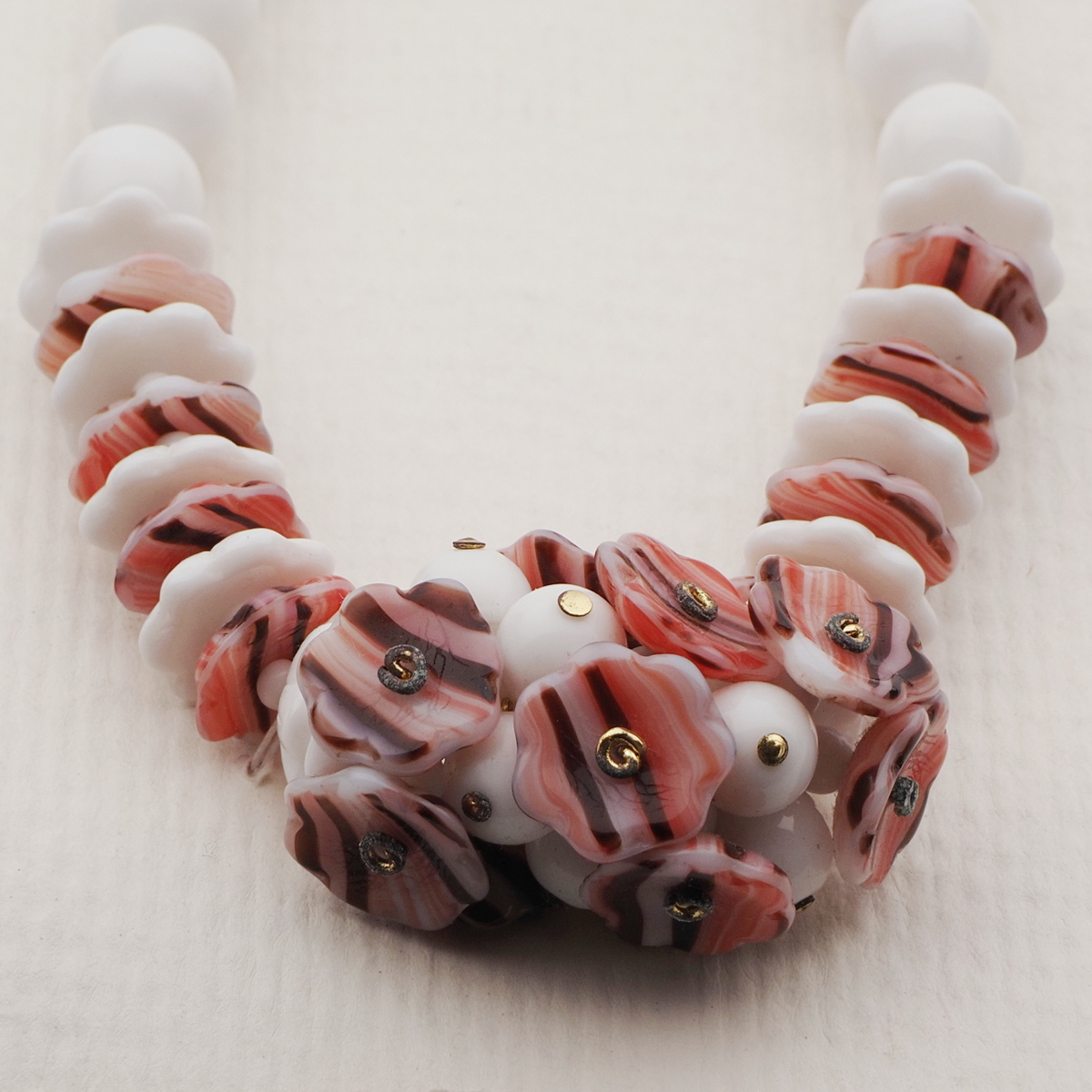 Vintage Czech necklace white striped round flower glass beads