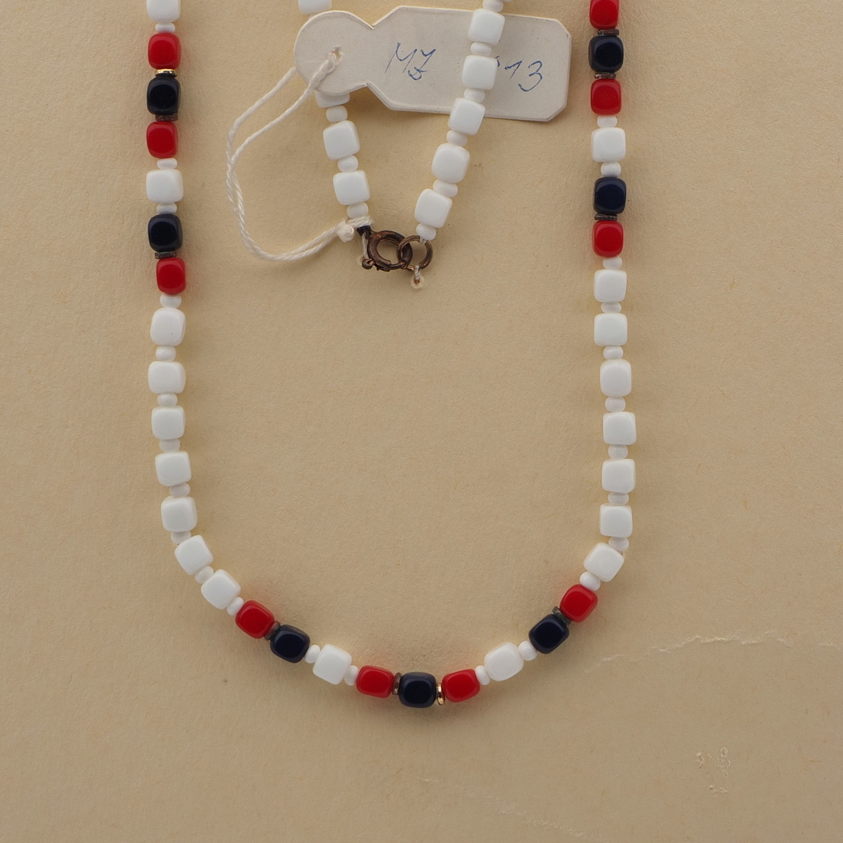 Vintage Czech necklace white red blue cube glass beads 