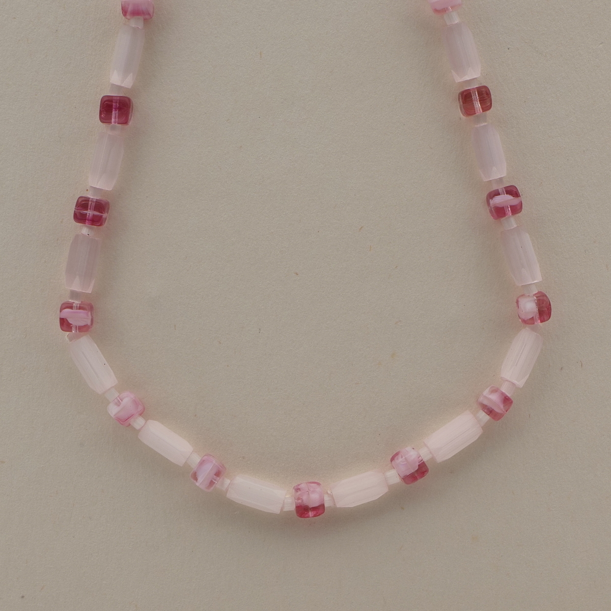 Vintage Czech necklace satin atlas pink bicolor cube glass beads 